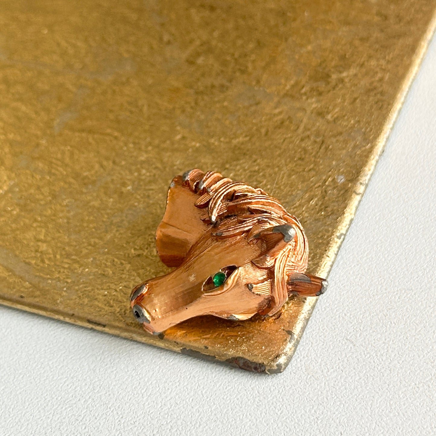 Estate Copper Toned Patina’d Large Hollow Horse Head Brooch + Green Stone Eye - LSJ
