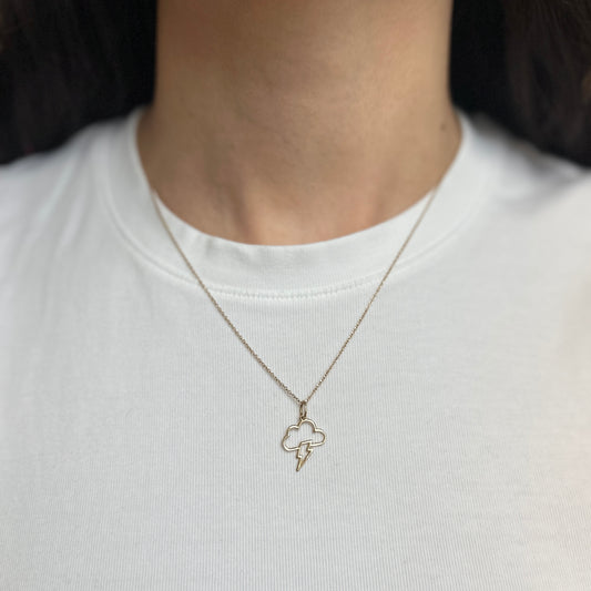 14KT Yellow Gold Cloud + Lightening Bolt Pendant Charm