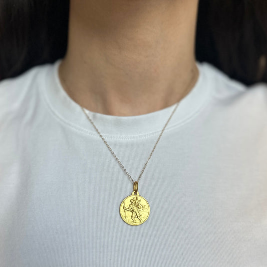 14KT Yellow Gold Matte St Christopher Round Medal Pendant 25mm