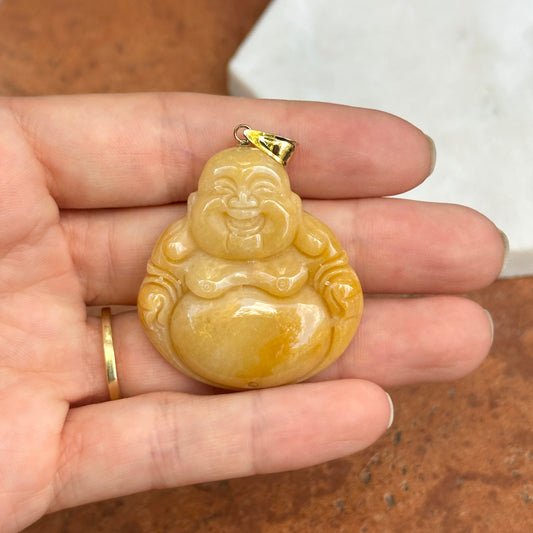 Estate 14KT Yellow Gold Carved Genuine Beige Jade Buddha Pendant 40mm