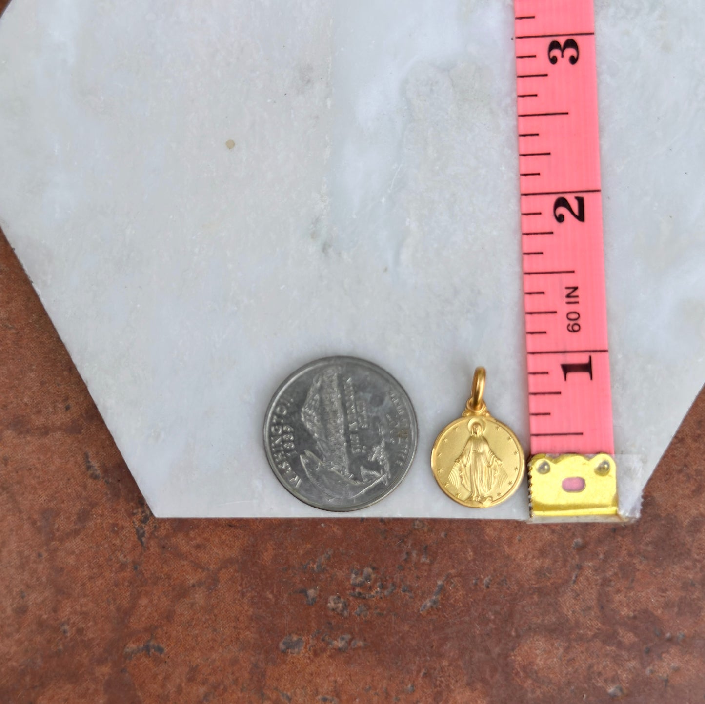 OOO 14KT Yellow Gold Matte Miraculous Medal Round Pendant 14mm - LSJ