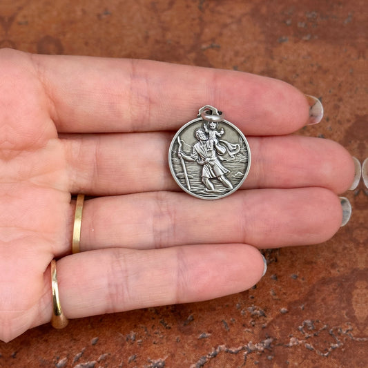 Sterling Silver Antiqued St Christopher Round Medal Pendant 21mm