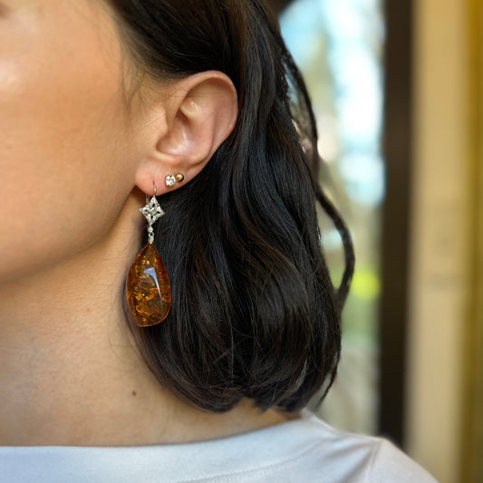 Estate 14KT White Gold Diamond + Amber Nugget Lever Back Earrings