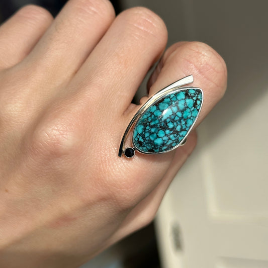 Sterling Silver Irregular Turquoise + Black Diamond Ring