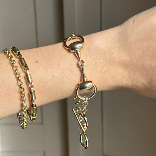 Estate Yellow Gold-Plated Horse Bit Links + Toggle Clasp Bracelet