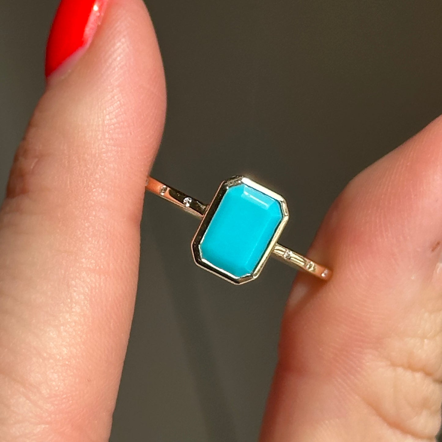 14KT Yellow Gold Emerald-Cut Turquoise + Diamond Band Ring