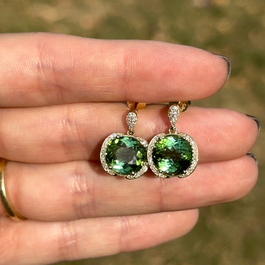 Estate 14KT Yellow Gold Green Tourmaline + Pave Diamond Earrings