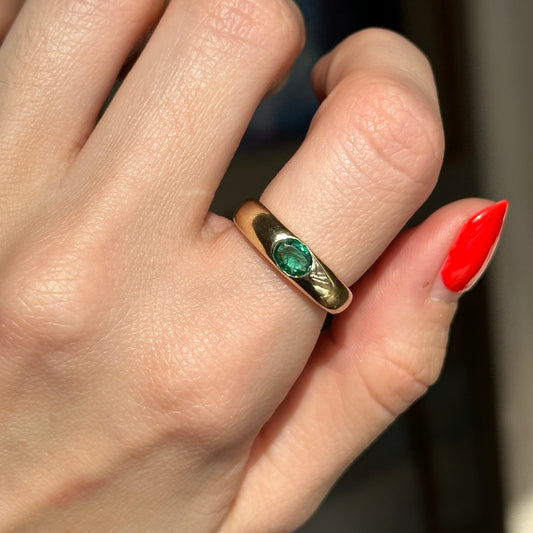 14KT Yellow Gold Oval .47 CT Emerald Dome Ring