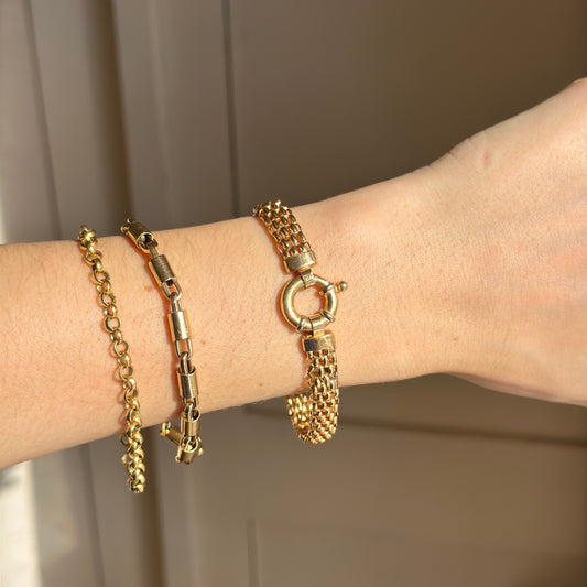 Estate 14KT Yellow Gold Open Weave Link Bracelet + Fancy Spring Ring 7”
