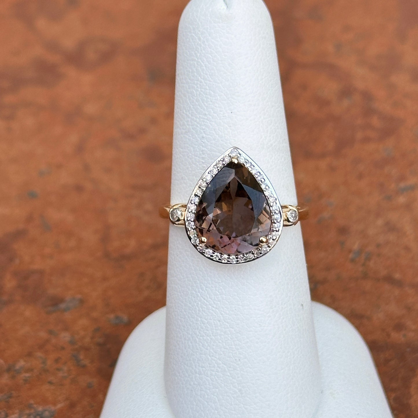 Estate 14KT Yellow Gold Pear Brown Tourmaline + Diamond Halo Ring