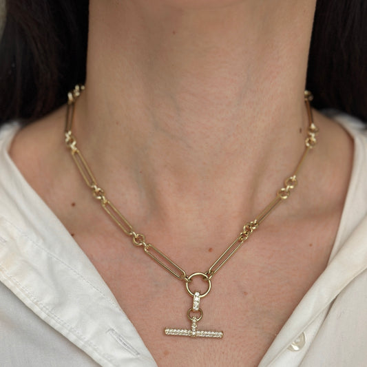 14KT Yellow Gold Pave Diamond Toggle Bar Chain Necklace