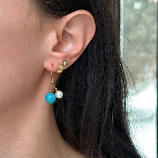 14KT Yellow Gold Sleeping Beauty Turquoise + Pearl Lever Back Earrings