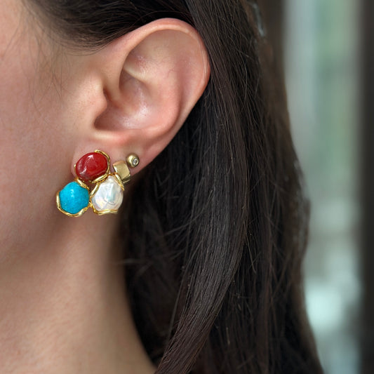 Sterling Silver Yellow-Plated Coral, Turquoise Freshwater Pearl Stud Earrings