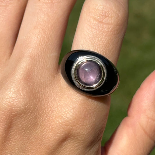 Estate Sterling Silver + 18KT Yellow Gold Amethyst + Onyx Dome Ring