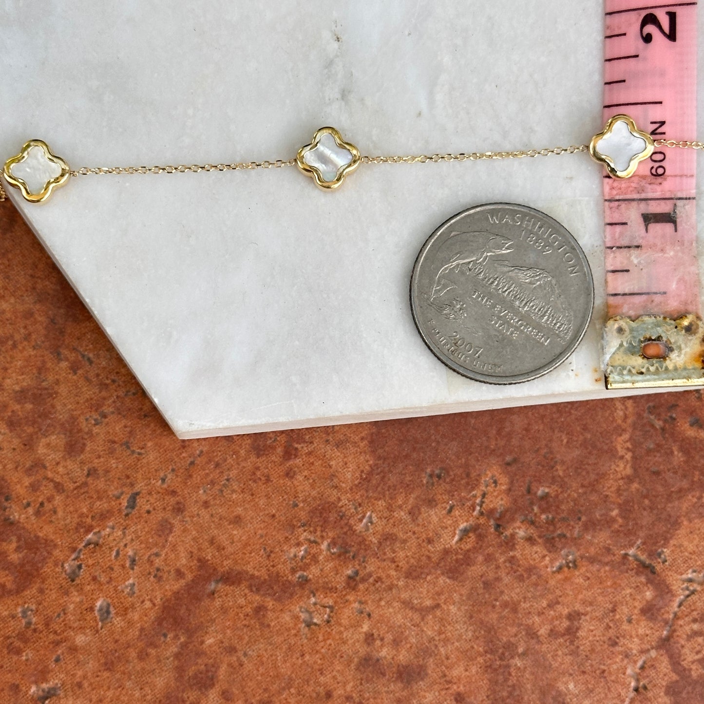 14KT Yellow Gold 8mm Mother of Pearl Clover Station Chain Bracelet