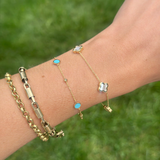 14KT Yellow Gold 5mm Turquoise Disc + Gold Bead Station Chain Bracelet