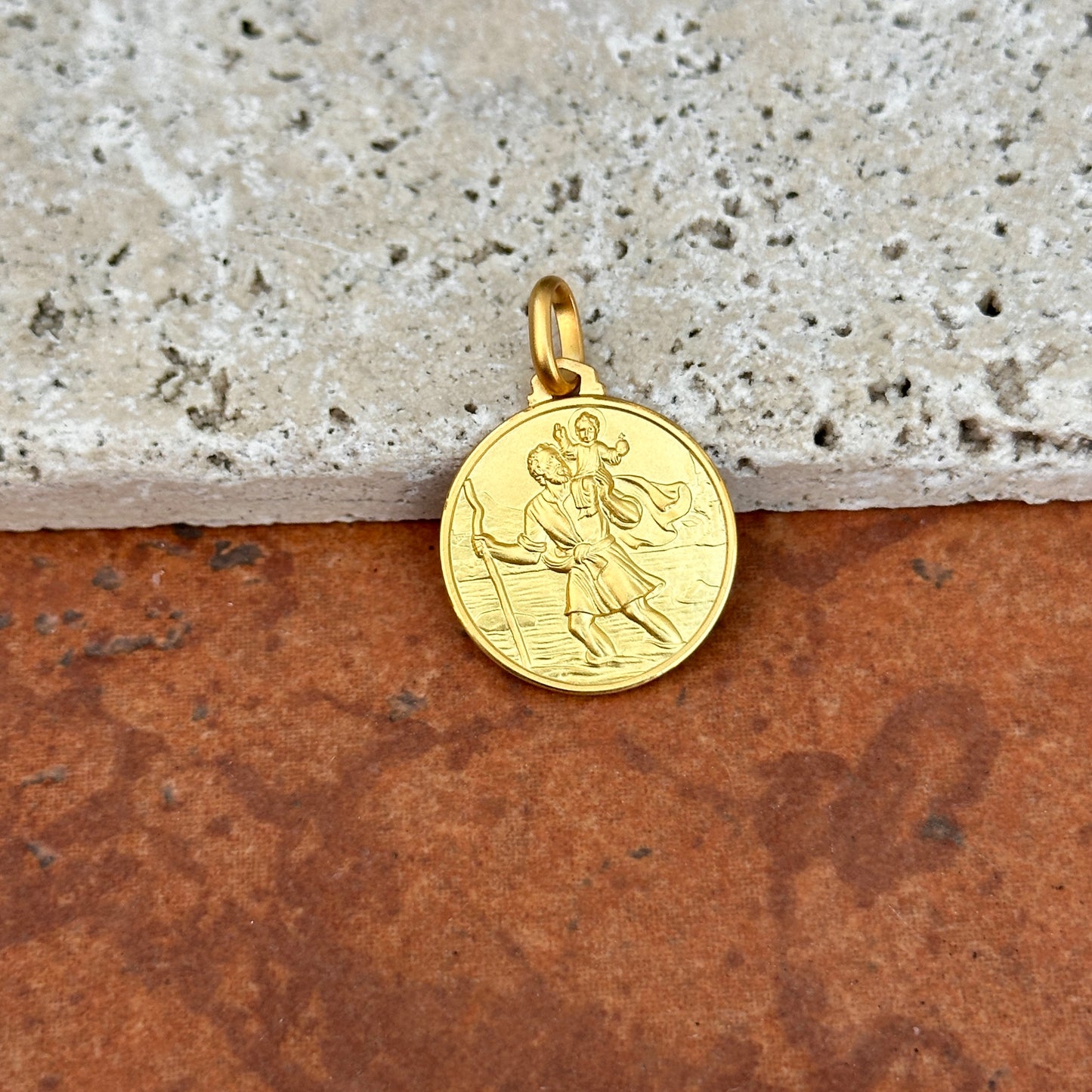 14KT Yellow Gold Matte St Christopher Round Medal Pendant 21mm