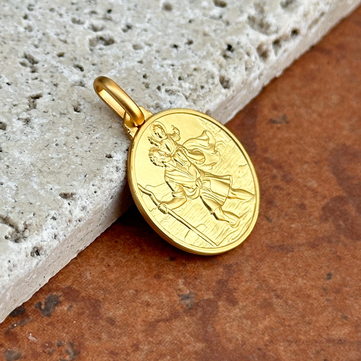 14KT Yellow Gold Matte St Christopher Round Medal Pendant 21mm