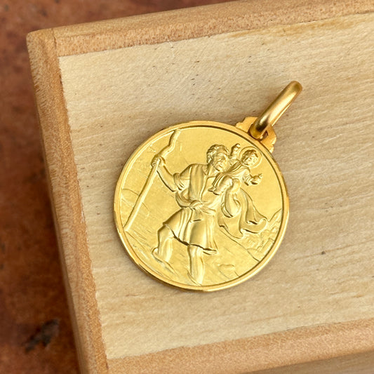14KT Yellow Gold Matte St Christopher Round Medal Pendant 18mm