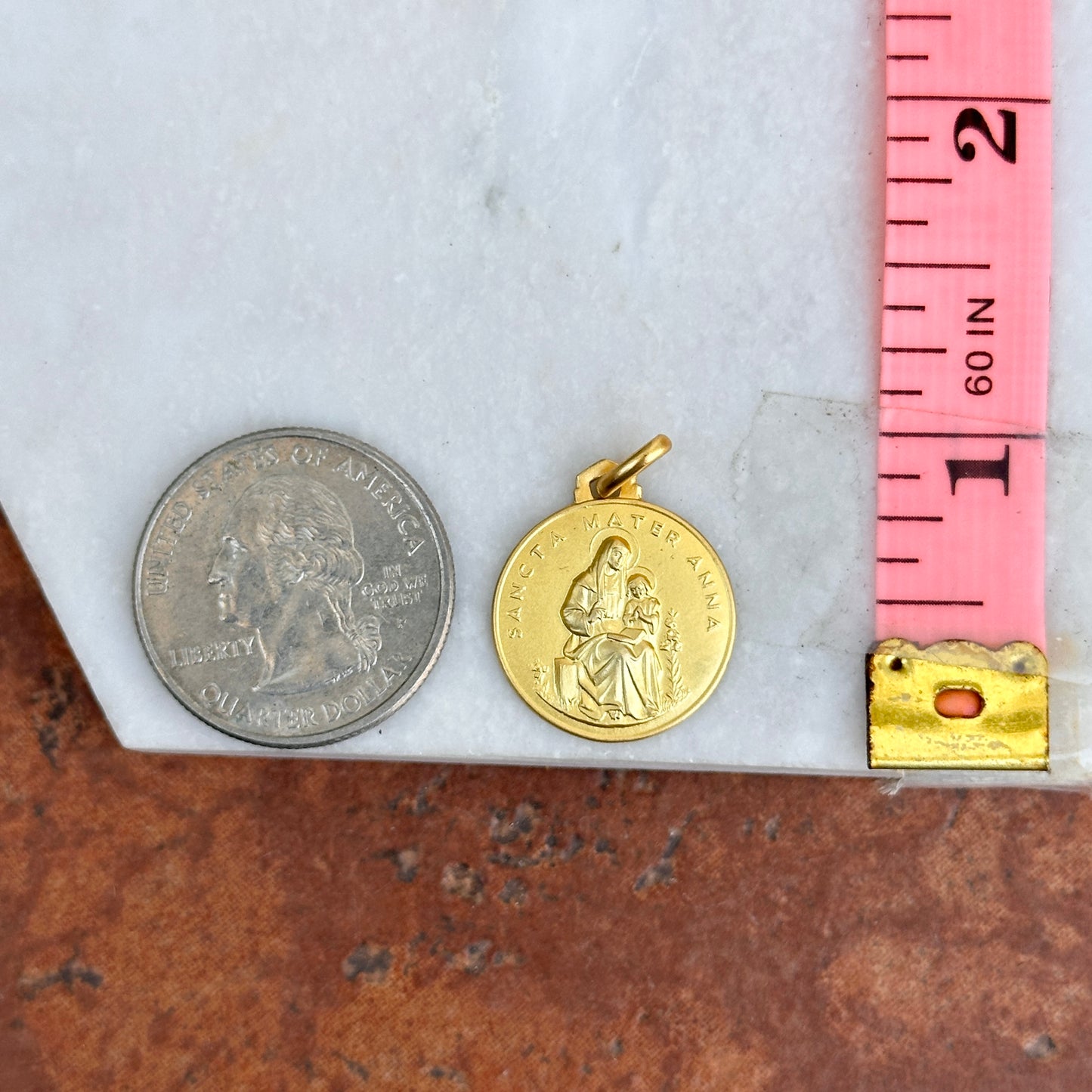 14KT Yellow Gold Matte St Anna Round Medal Pendant 18mm