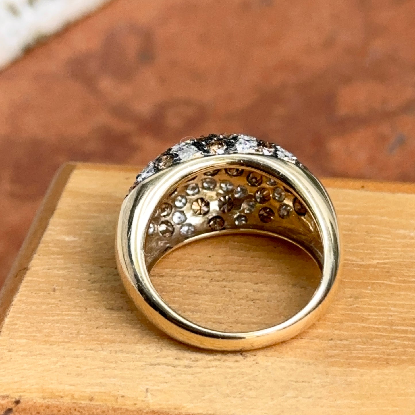 Estate 14KT Yellow Gold Brown + White Diamond Pave Domed Ring