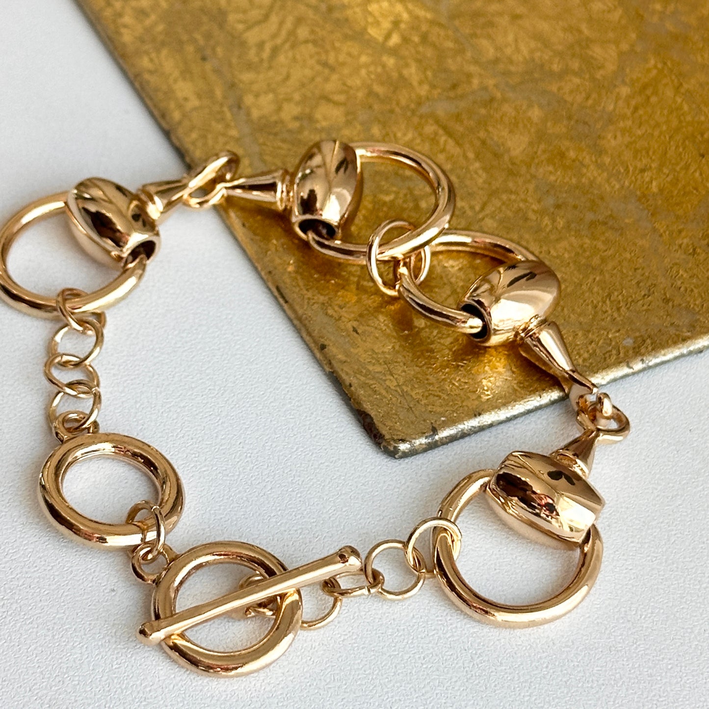 Estate Yellow Gold-Plated Horse Bit Links + Toggle Clasp Adjustable