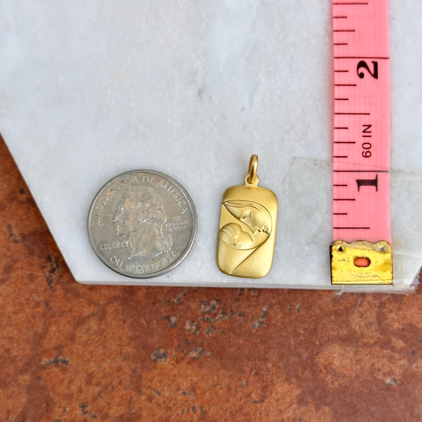 14KT Yellow Gold Matte Mother + Baby Rectangle Pendant Medal