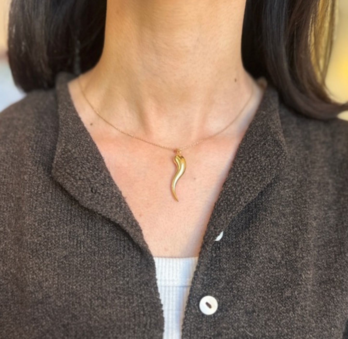 14KT Yellow Gold Italian Cornicello Corno Horn Pendant 39mm