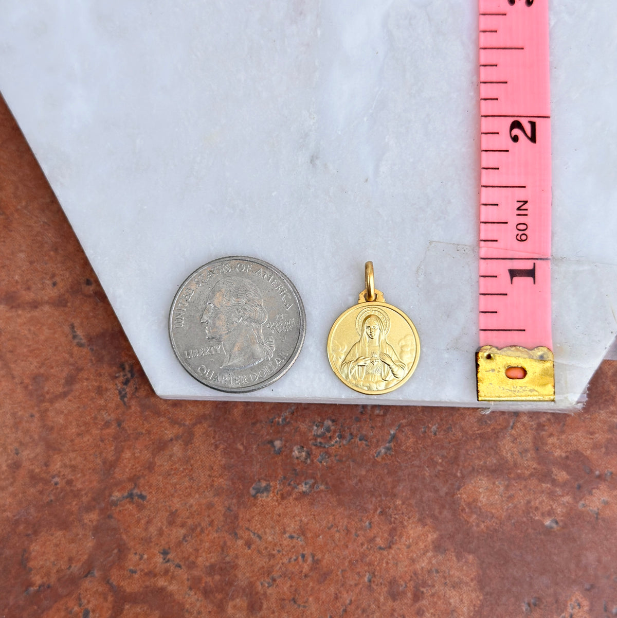 14KT Yellow Gold Matte Bleeding Heart of Mary Medal Pendant 16mm - LSJ