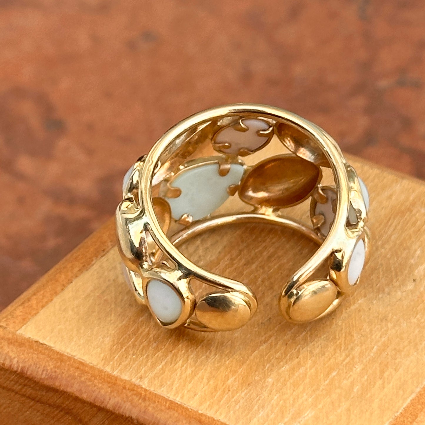 Estate 14KT Yellow Gold Opal + Moonstone Statement Cigar Band Ring Adjustable - LSJ