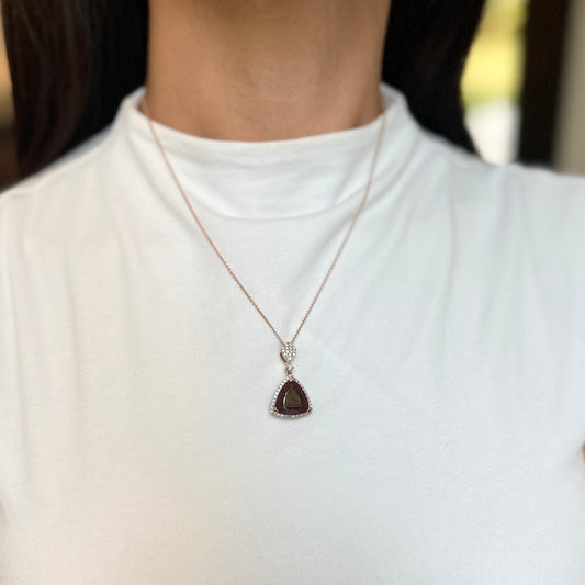 Estate 14KT Rose Gold Trillion Tourmaline Halo Diamond Pendant Necklace