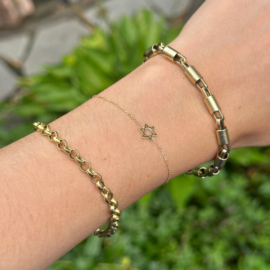 14KT Yellow Gold Small Star of David Judica Charm Station Chain Bracelet