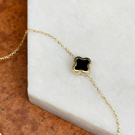 14KT Yellow Gold 8mm Black Onyx Clover Station Chain Bracelet