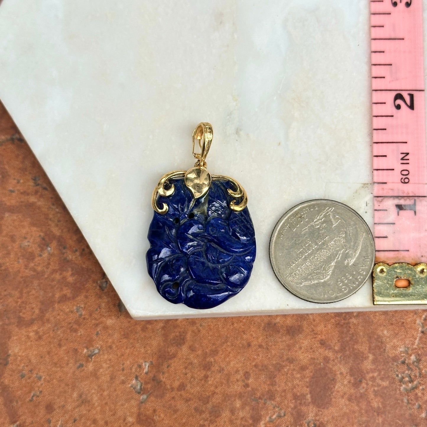 Estate 14KT Yellow Gold Carved Lapis Lazuli Pendant Enhancer