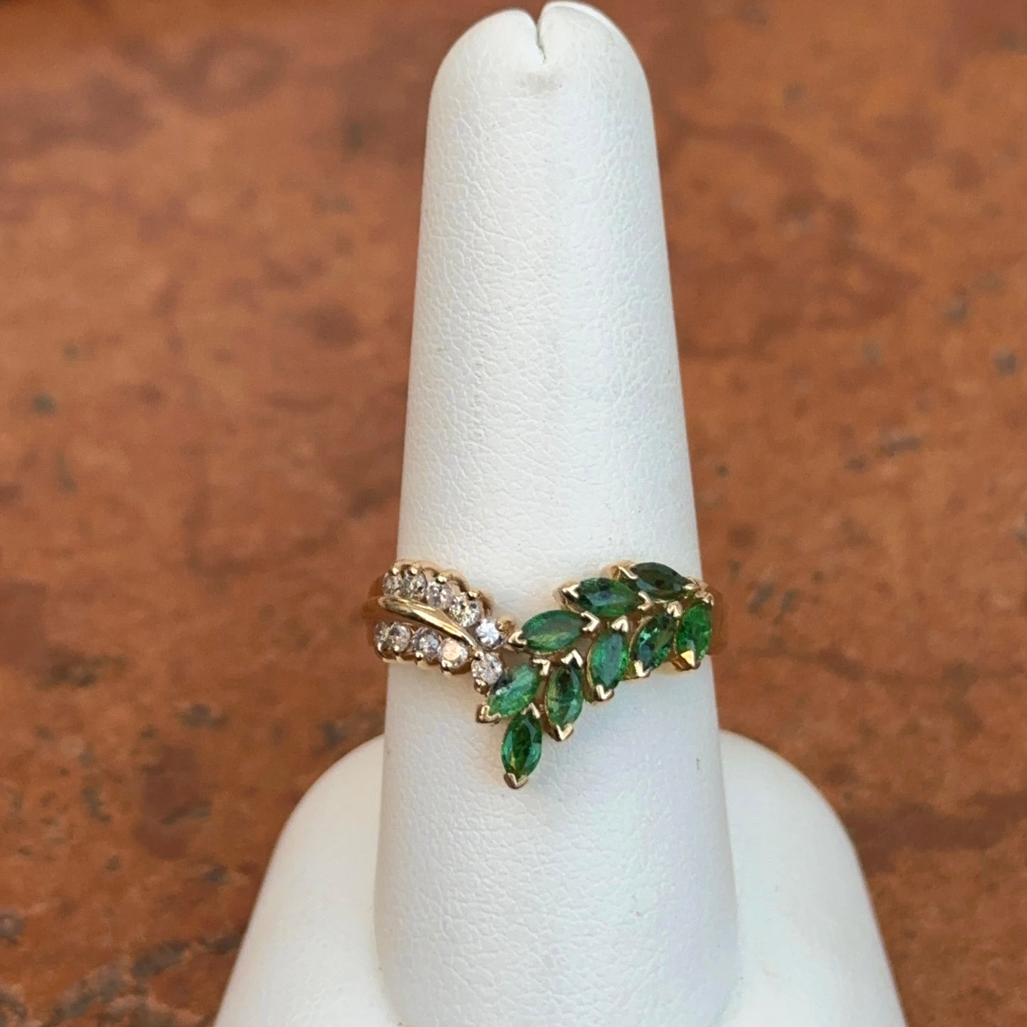 Estate 14KT Yellow Gold Marquise Emerald + Diamond V Cascading Ring