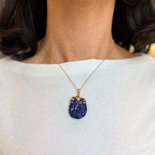 Estate 14KT Yellow Gold Carved Lapis Lazuli Pendant Enhancer