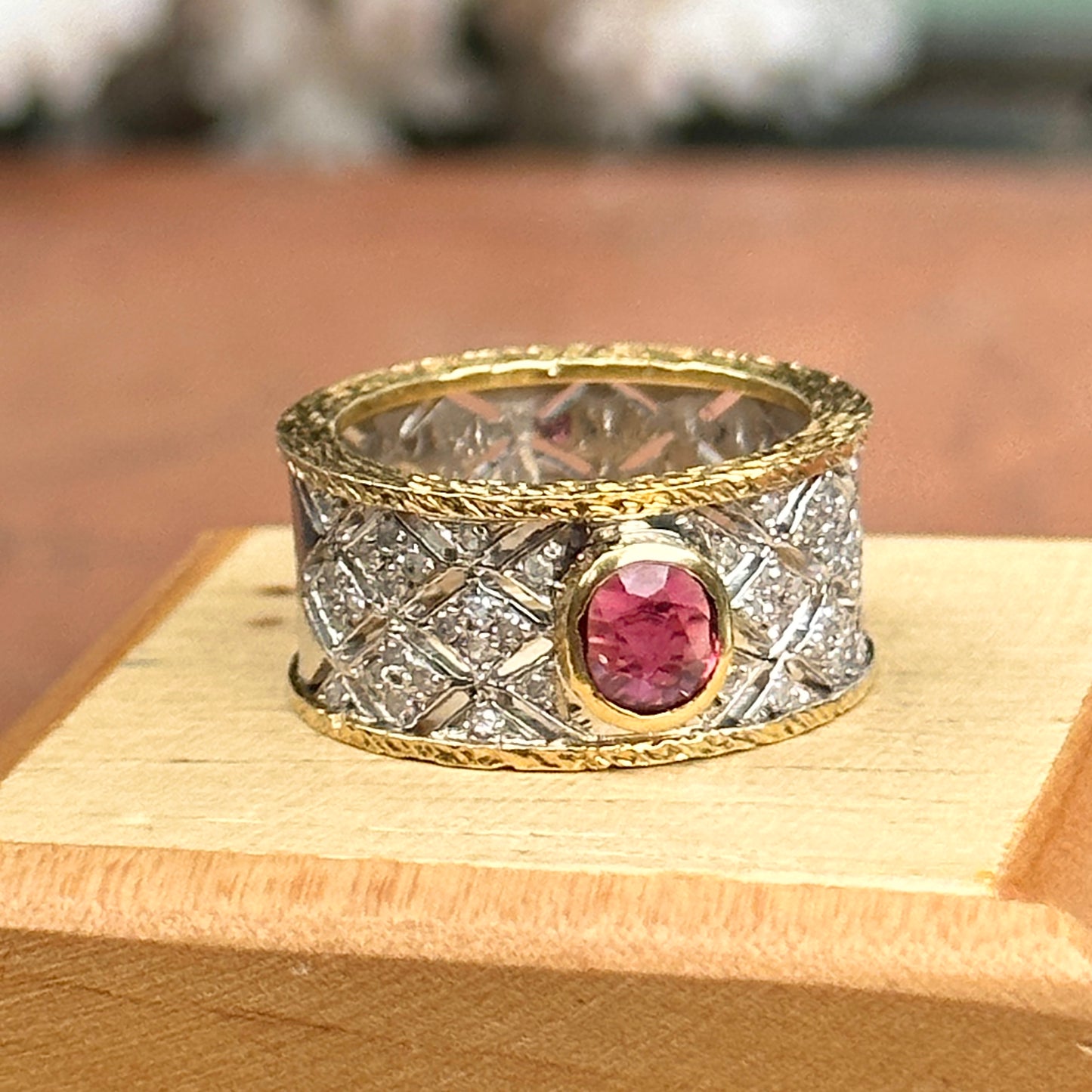 Estate 14KT White Gold + 18KT Yellow Gold Byzantine Ruby + Diamond Band Ring