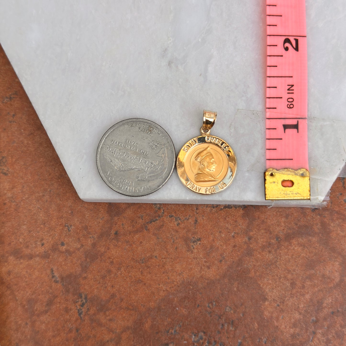 14KT Yellow Gold St Charles Round Medal Pendant 19.5mm