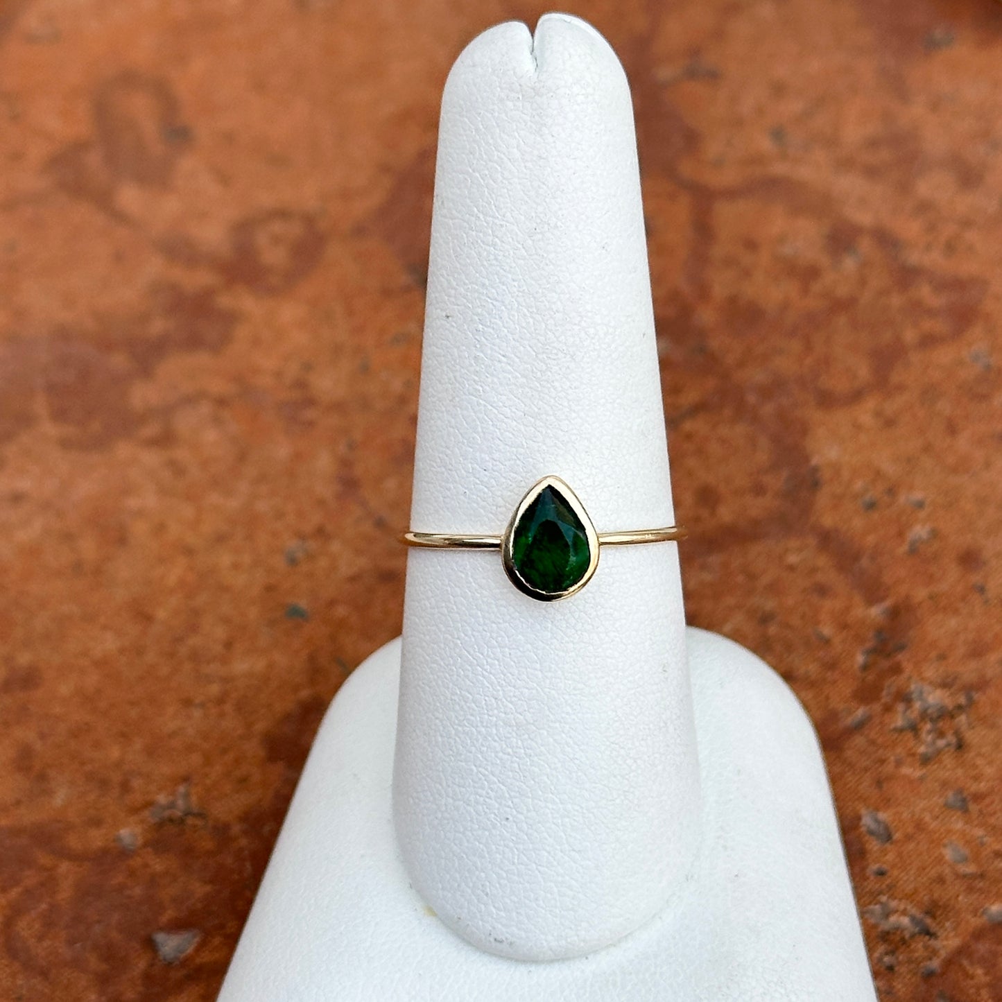 14KT Yellow Gold .65 CT Pear Emerald Bezel Ring