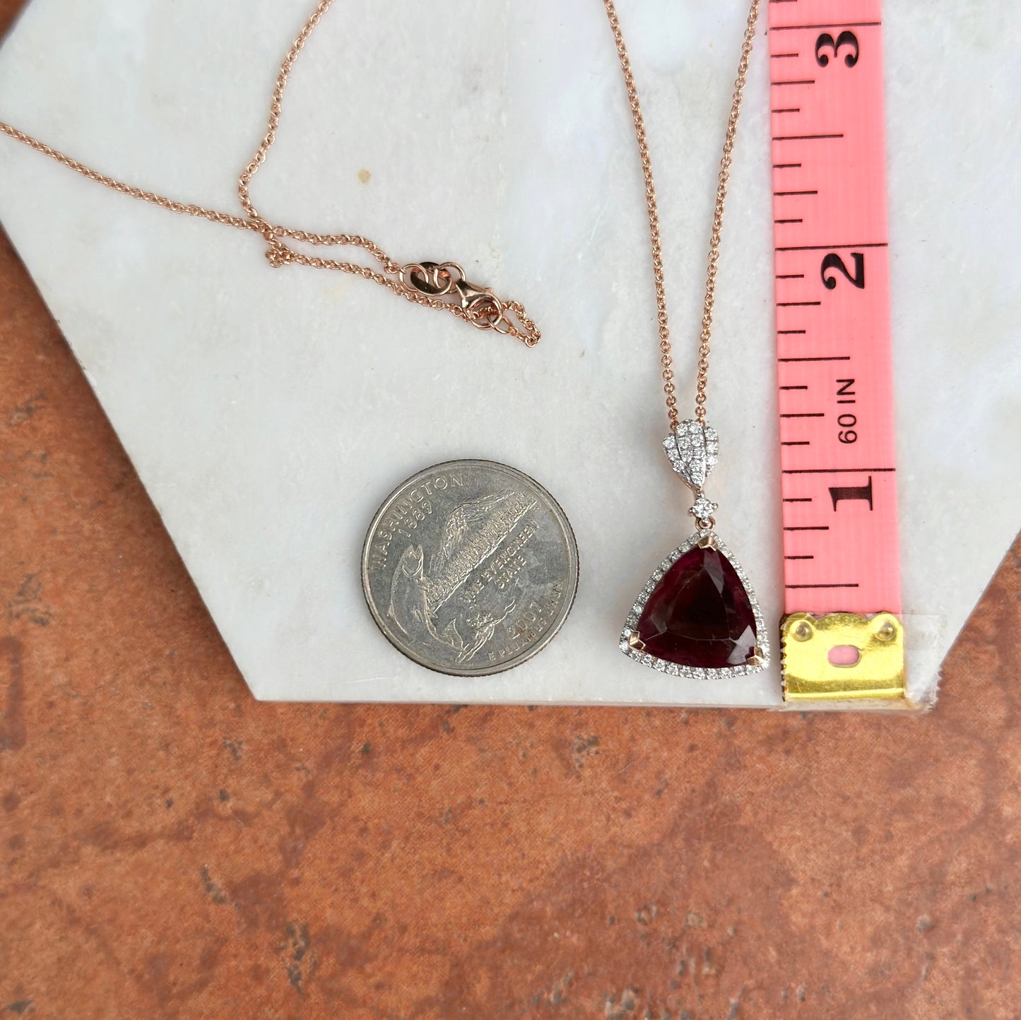 Estate 14KT Rose Gold Trillion Tourmaline Halo Diamond Pendant Necklace