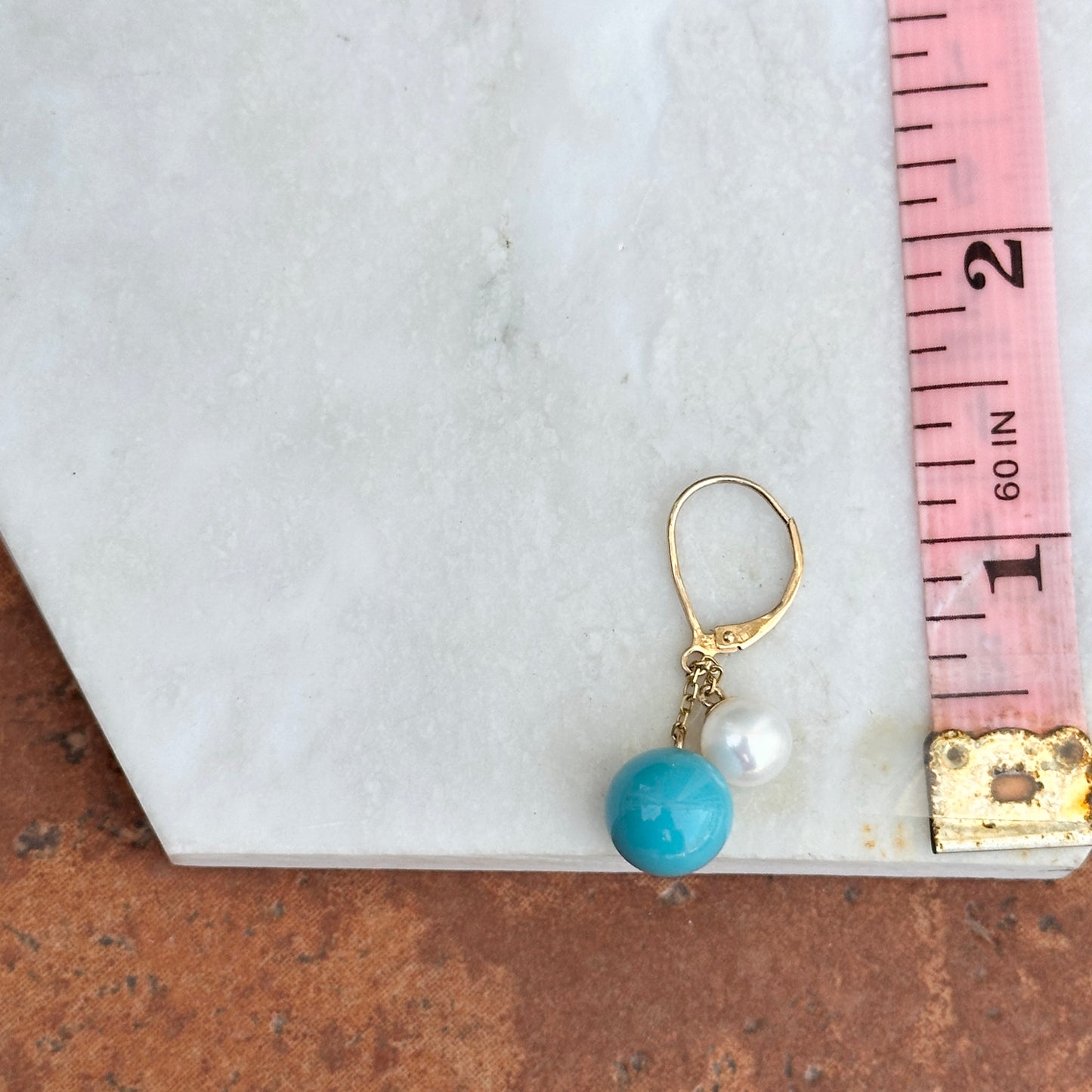 14KT Yellow Gold Sleeping Beauty Turquoise + Pearl Lever Back Earrings