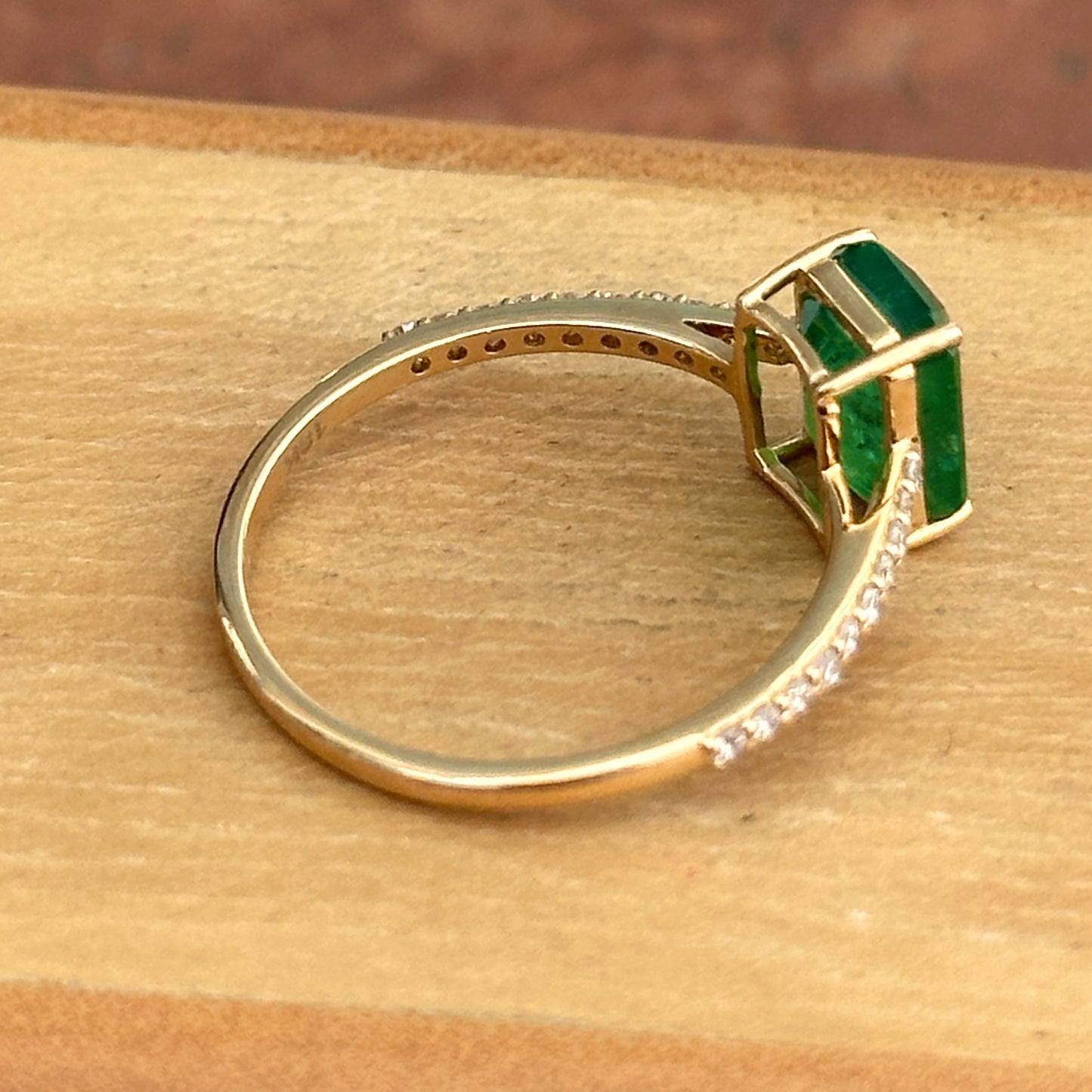Estate 14KT Yellow Gold Emerald-Cut Emerald + Diamond Band Ring