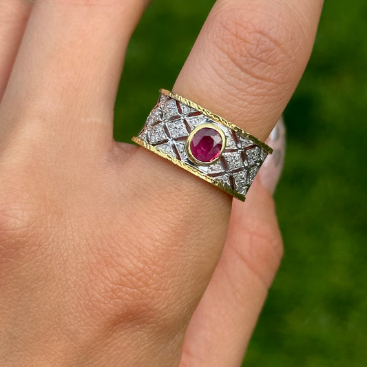 Estate 14KT White Gold + 18KT Yellow Gold Byzantine Ruby + Diamond Band Ring