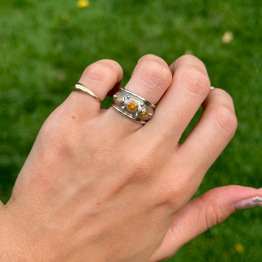 Estate 18KT White Gold Matte Bezel Yellow Diamond Band Ring