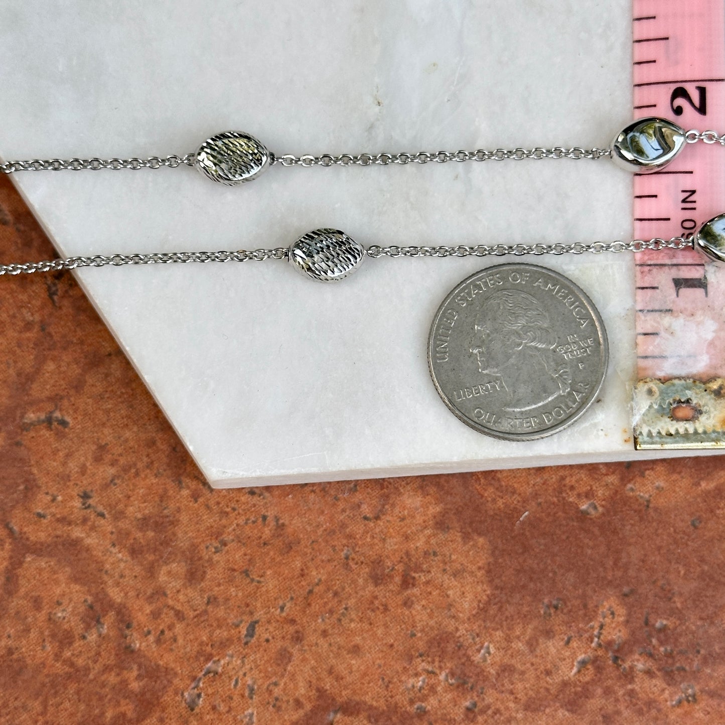 14KT White Gold Rolo + Puffed Station Oval Bead Necklace 18"