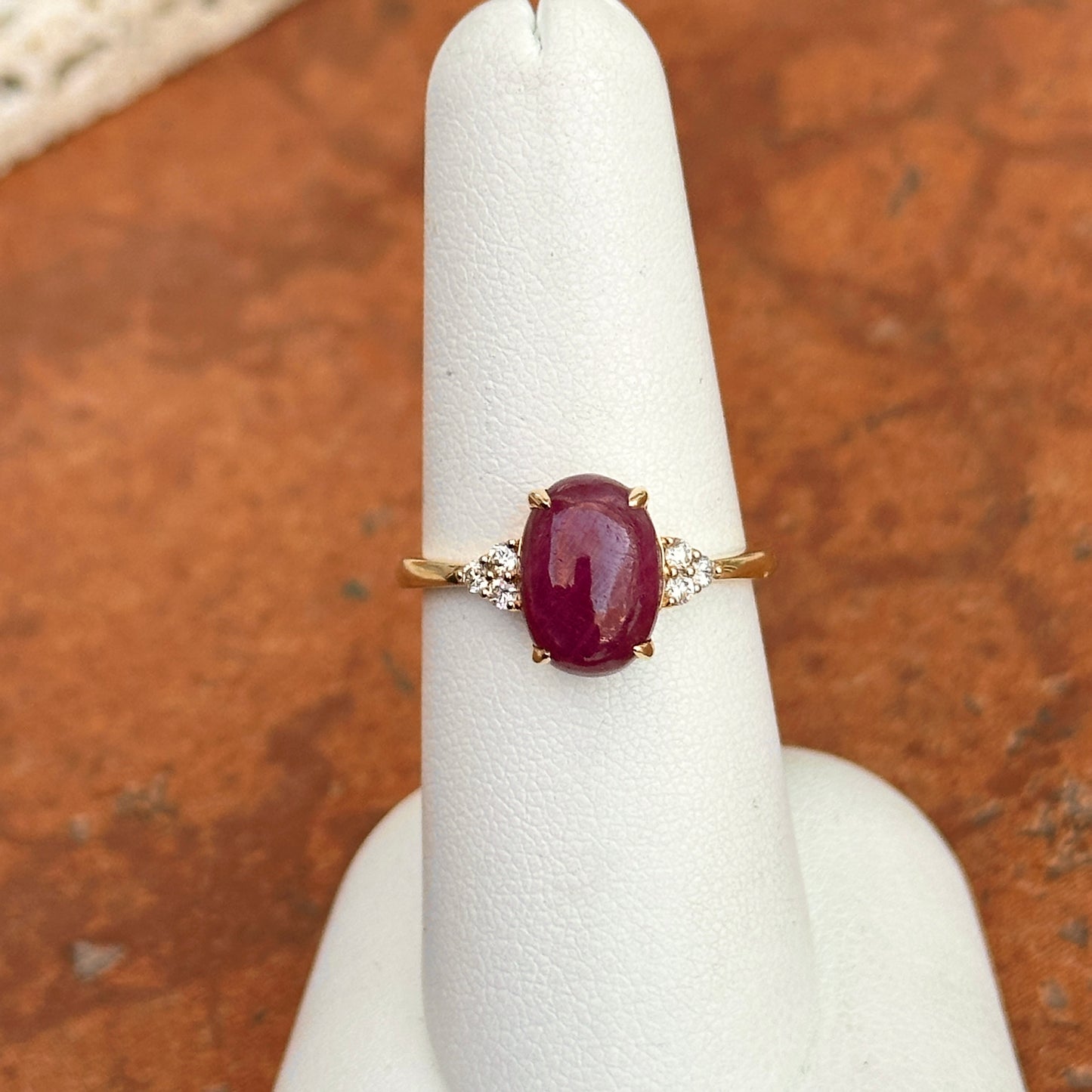 Estate 14KT Yellow Gold Oval Cabochon Ruby + Diamond Ring