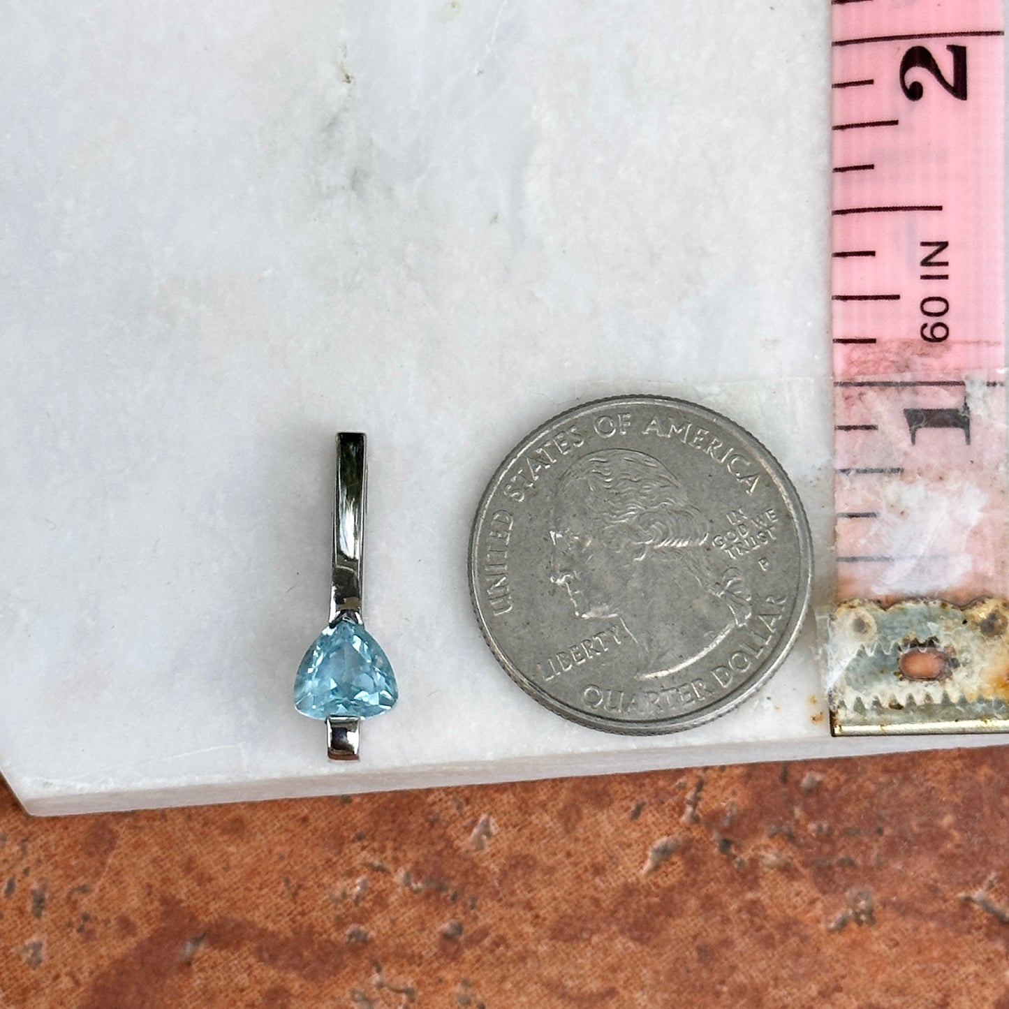 14KT White Gold & Trillion Blue Topaz Bar Pendant