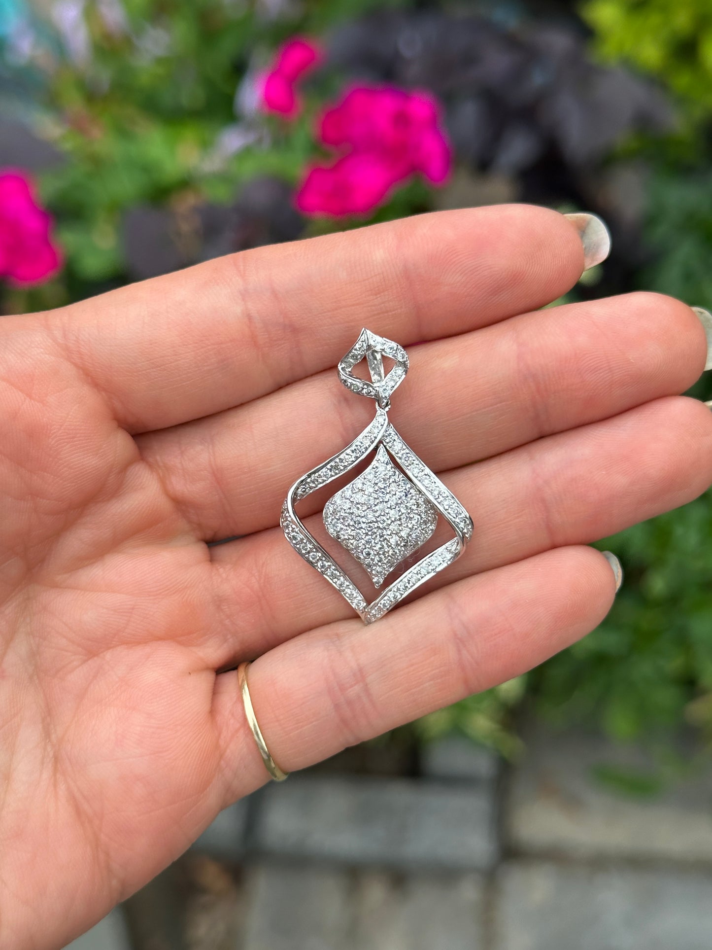 Estate 14KT White Gold Pave Diamond Geometric Pendant Slide