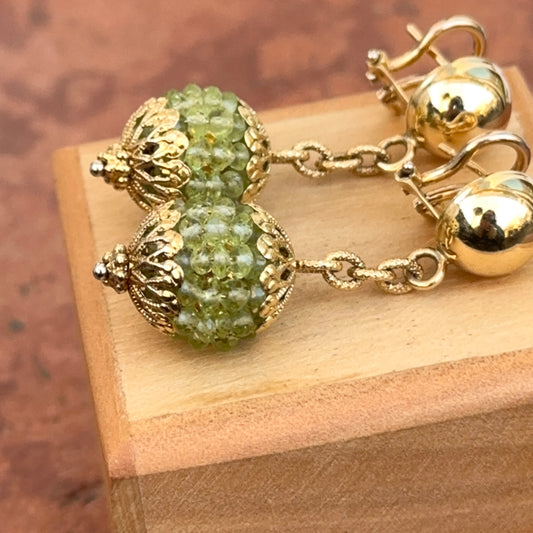 Estate 18KT Yellow Gold Filigree Peridot Ball Button Earrings - LSJ