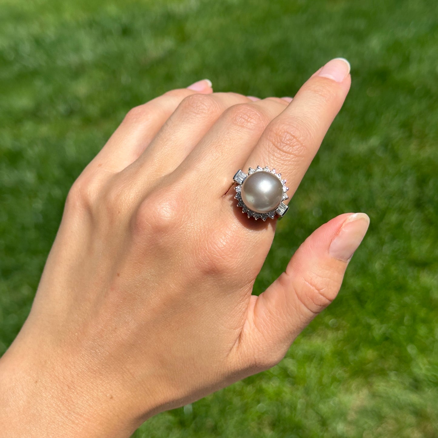 Estate 14KT White Gold Diamond + Genuine Tahitian South Sea Pearl Cluster Ring - LSJ